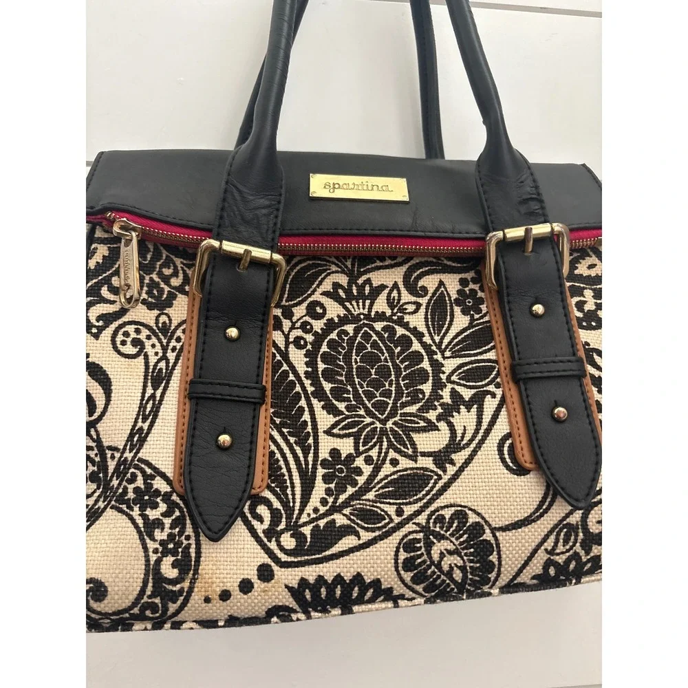 Spartina 449 Satchel Bag Black Cream Paisley Linen Leather Trim Gold Hardware
